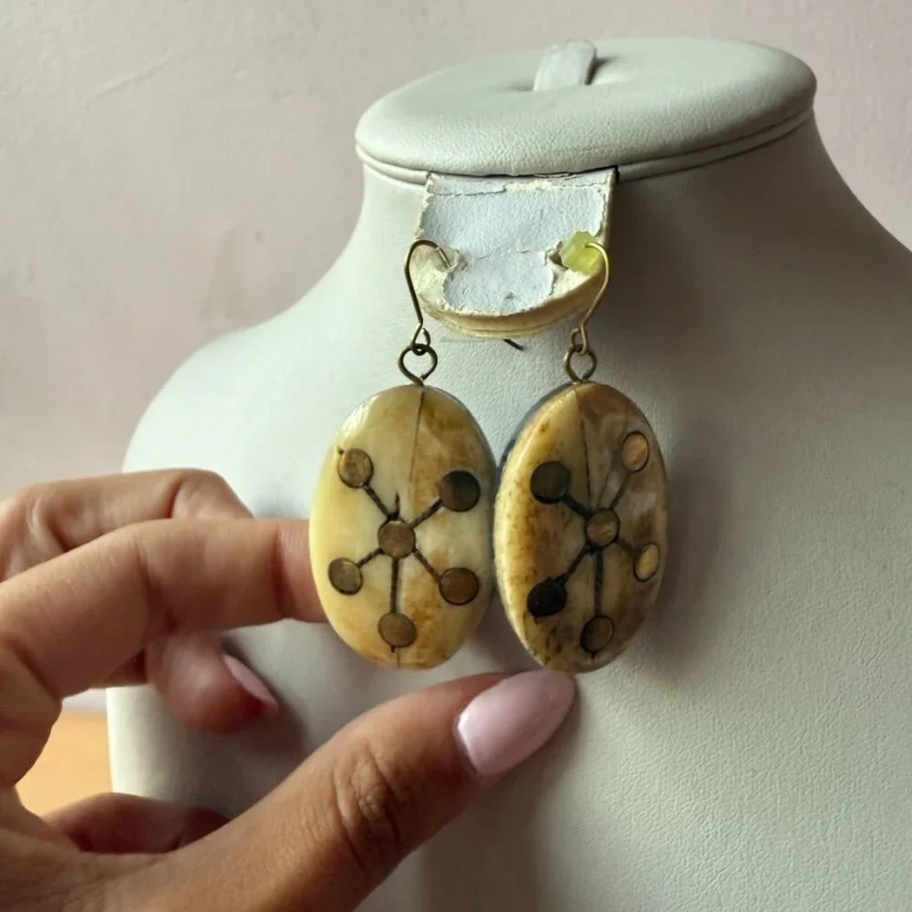 LARGE OVAL FAUX BONE GOLD TONE ACCENTS STATEMENT EARRINGS